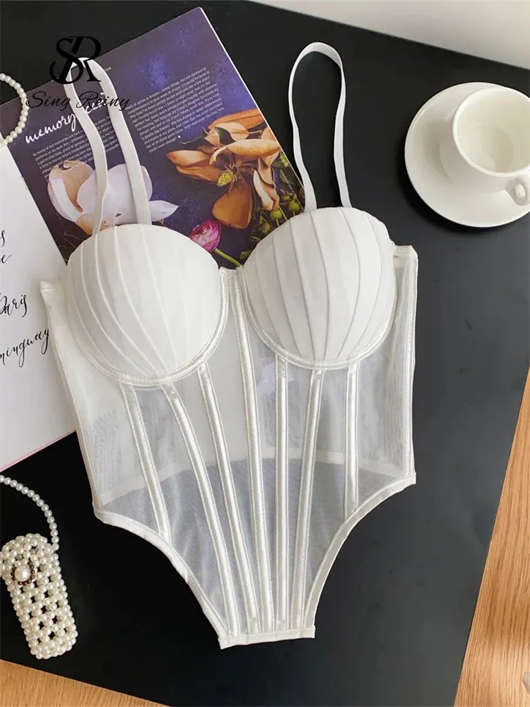 Fashion Solid Corset Lingerie Top Ladies Strap Sheer Mesh Slim Camisole American Retro Backless Beach Sexy Tank Top — image 4