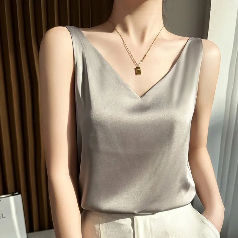 Silk Satin Women Double Shoulder Camisole Tank Top V-neck Sleeveless Top T-shirt Elegant Crop Top Solid Casual Basic 2025 Summer — image 12
