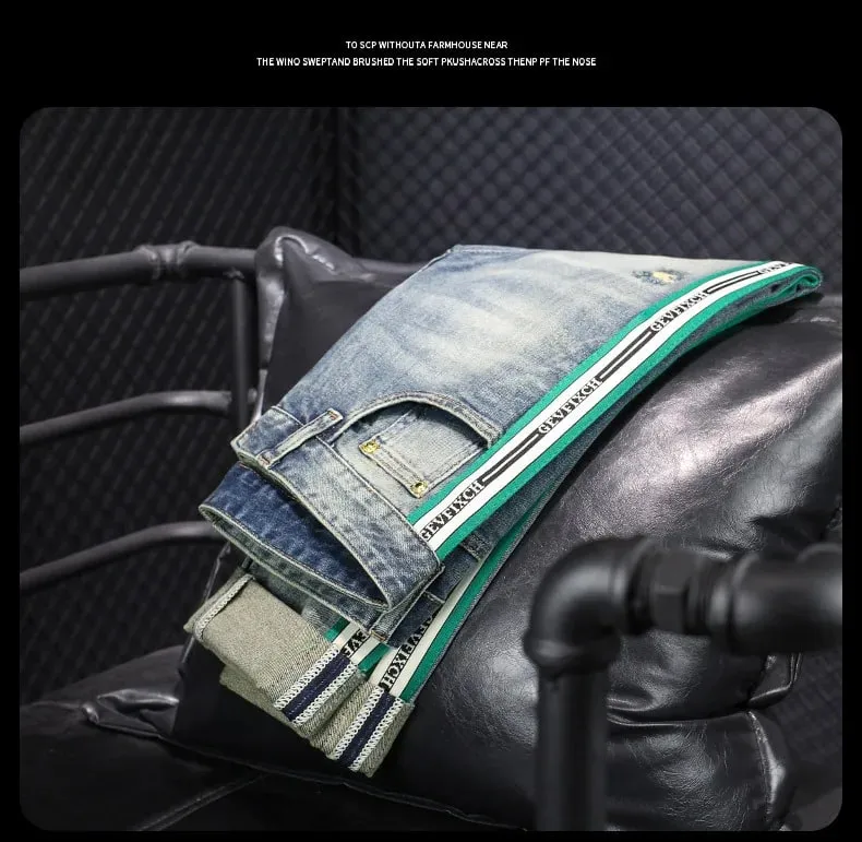 High-End Light Luxury Men's Blue Striped Jeans Men's 2024 Spring Street Versatile Slim Fit Skinny Ripped Trousers — image 9