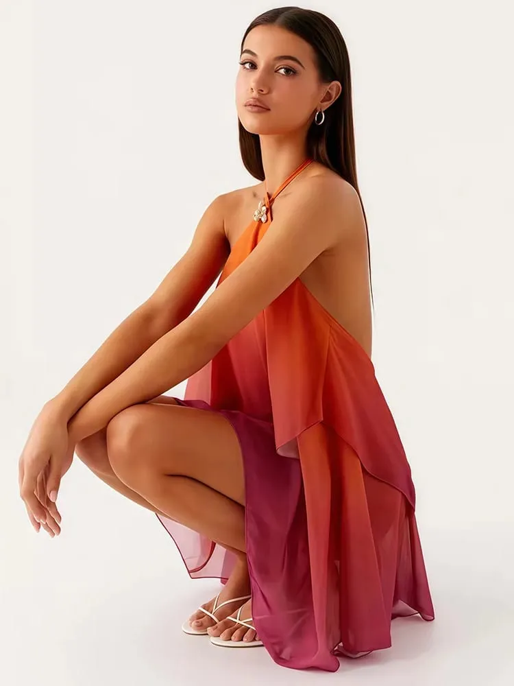 Mozision Gradient Halter Backless ชุดมินิเซ็กซี่ผู้หญิงชุด Elegant ตาข่ายซิป Off-ไหล่แขนกุด Club Party Dresses — image 2