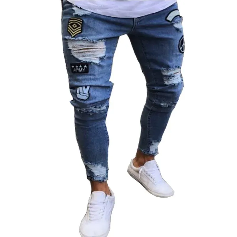 2023 White Embroidery Skinny Ripped Jeans Men Cotton Stretchy Slim Fit Hip Hop Denim Pants Casual Jeans for Men Jogging Trousers — image 5