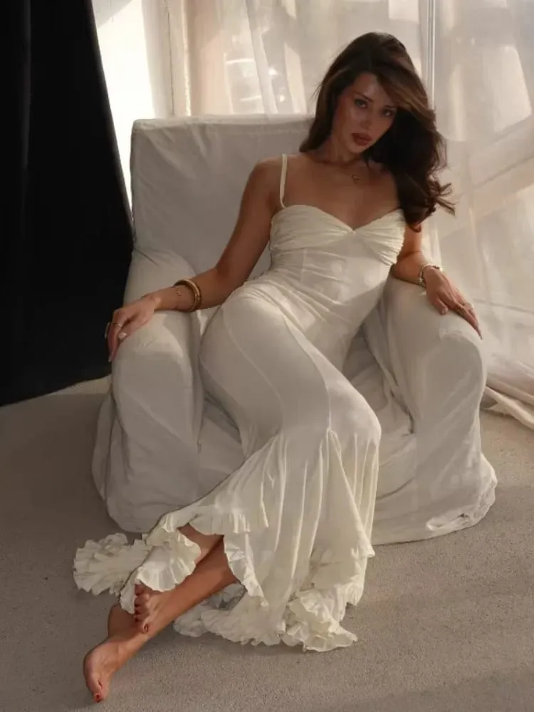Weißes, gepunktetes Maxikleid für Damen, Spaghettiträger, herzförmiger Rückenausschnitt, gerüschter Meerjungfrauen-Volantsaum, Urlaubs-Geburtstagskleider — image 6