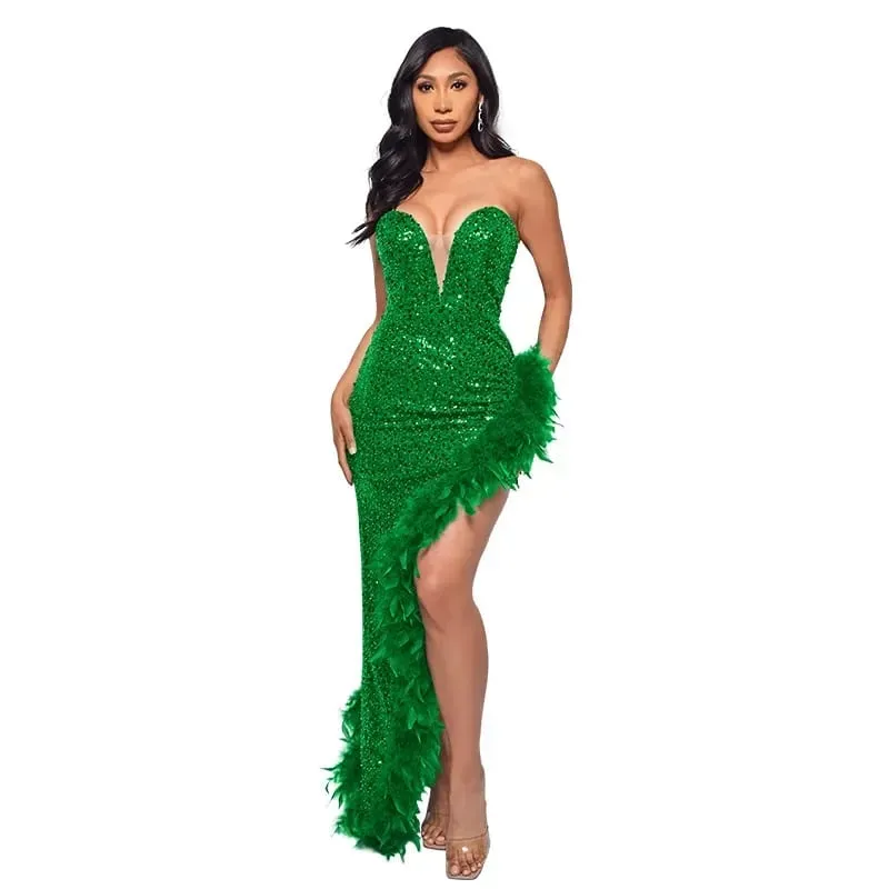 CM.YAYA Women Sequined Strapless Feather High Side Split Strapless Bodycon Midi Maxi Dress Sexy Club Even Party Dresses Vestidos