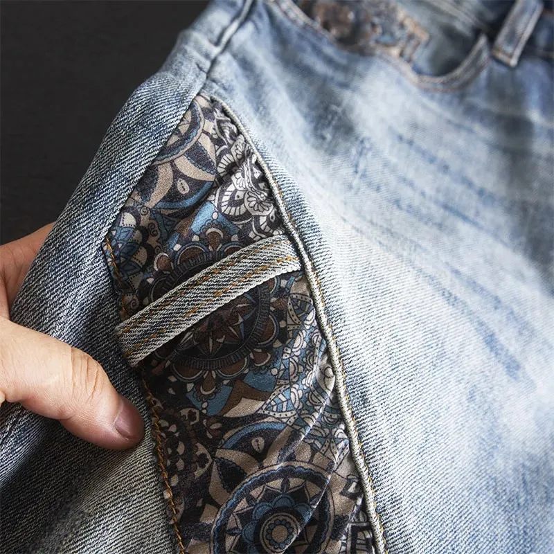 Vintage Patchwork Men's Jeans with Rips Fashionable Print Unique Trendy High-end Slim Fit Skinny Pants — image 3