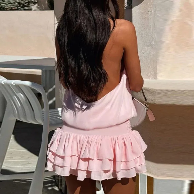 Mini abito senza schienale con scollo all'americana solido elegante fasciatura Y2K corsetto party streetwear slim sexy moda donna abiti prendisole vintage