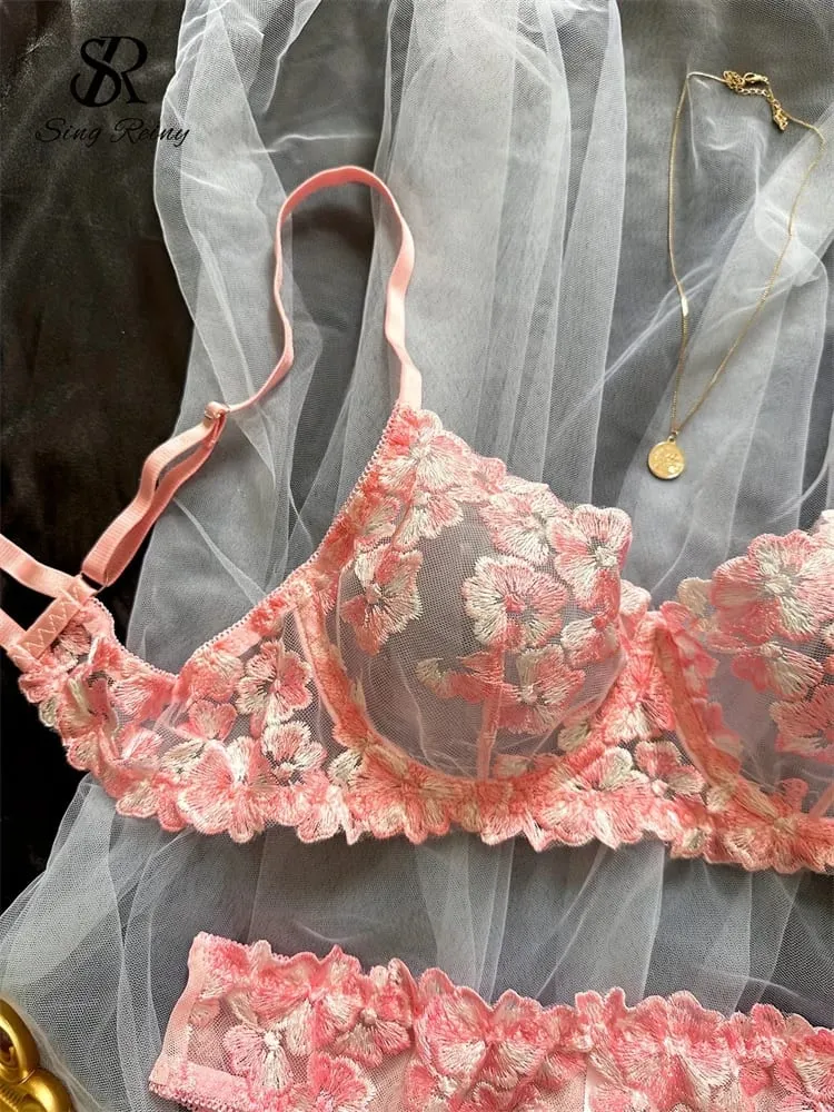 Lưới Sheer Quần Lót Hai Mảnh Phù Hợp Với Hoa Pháp Seusual Bộ Đồ Lót Nữ Thêu Áo Ngực Gợi Cảm & Quần Đùi Bộ — image 5