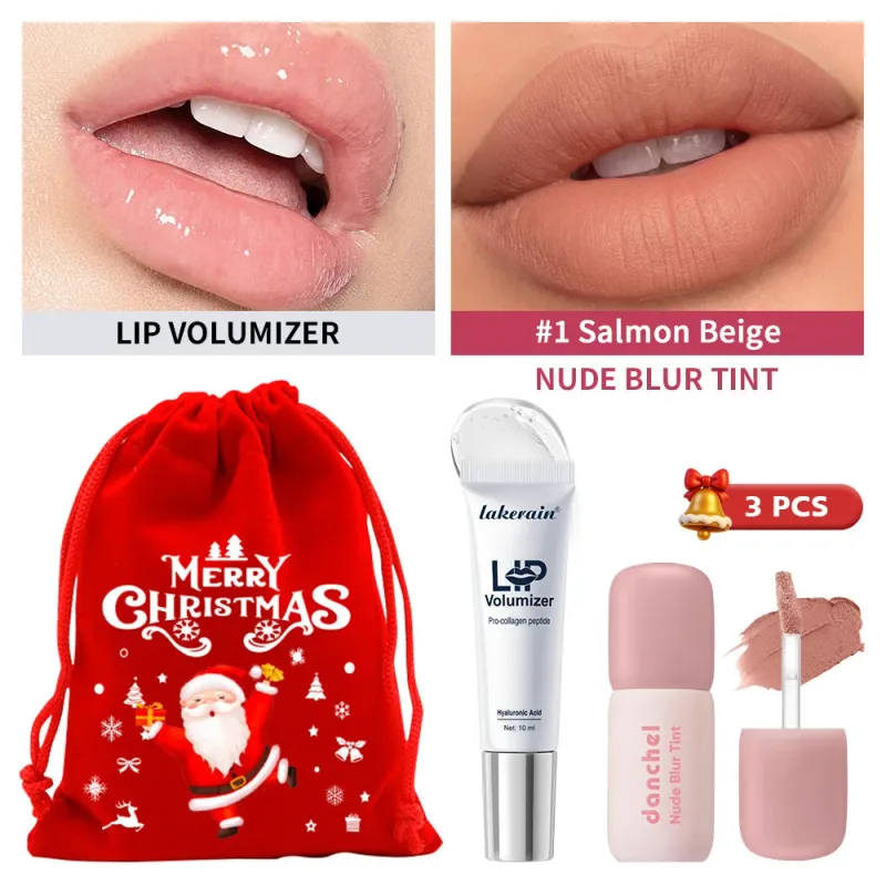 3 Pcs Christmas Lip Set Lip Volumizer Serum & Nude Blur Lip Tint Moisturizing Plumping Long Lasting Matte Lip Makeup Holiday Kit