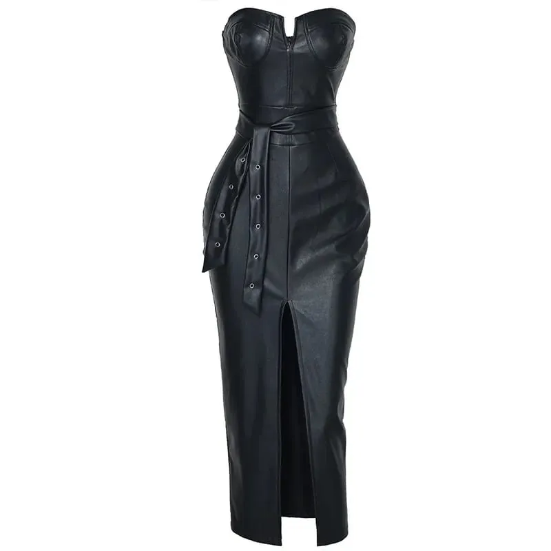 Sexy Strapless Bodycon PU Leather Dress Women Split Rivet Drop Draped Dress Club Party Wear Female Vestidos