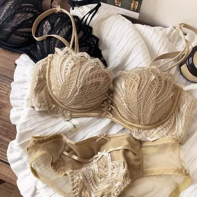 Sexy Embroidery Lace Shell Half Cup Small Breasts Push Up Bra Set Thicken Adjustable Pad Brassiere Panties Girls Underwear — image 9
