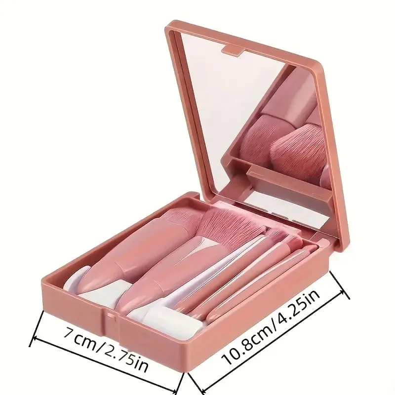5pcs Mini Makeup Brush Set with Mirror - Multifunctional Travel Cosmetic Brushes Unscented Palm Brush Design Makeup Tools — image 4