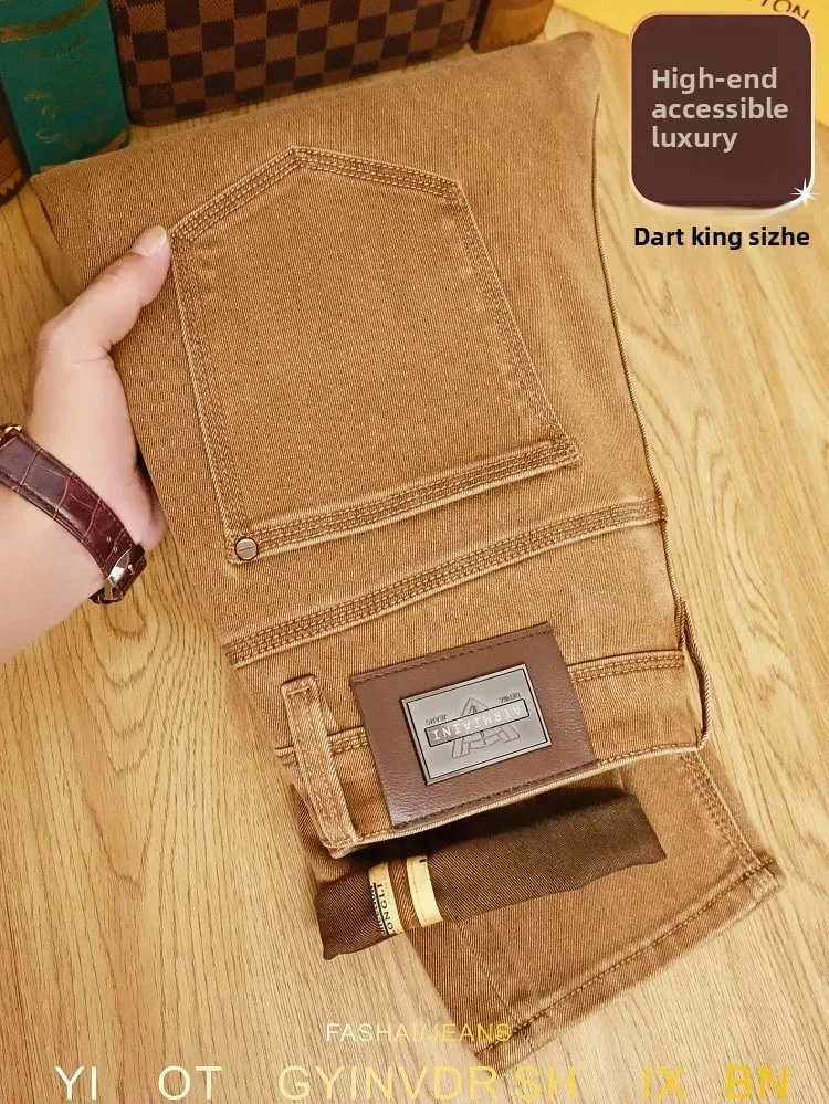 Autumn fashion light luxury men's jeans khaki small feet elastic coffee casual pants — image 9