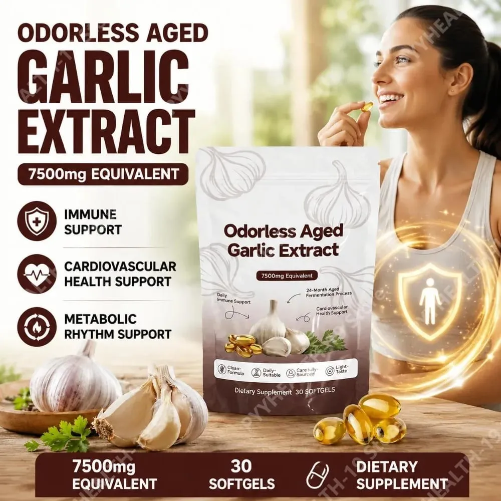 Extrait d'ail vieilli sans odeur, gélules, équivalent à 7500 mg, fermenté sur 24 mois, pour le soutien immunitaire, cardio-métabolique, adulte, 30 unités — image 1