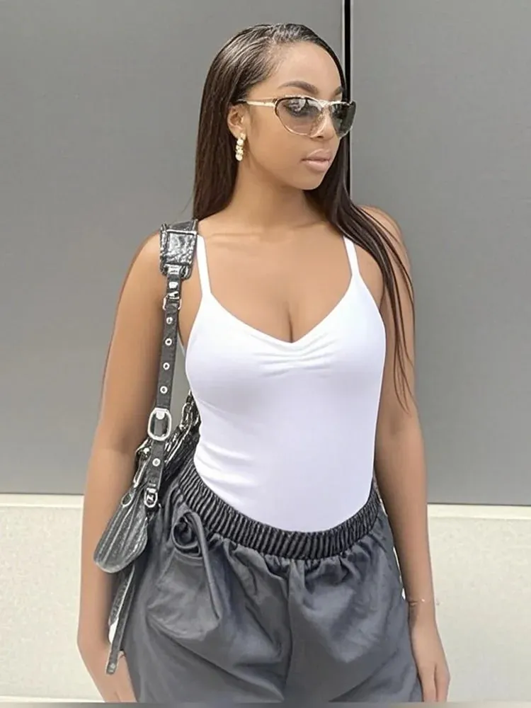 Sweetown Sleeveless Skinny Shirring Skinny Sexy Spaghetti Strap Bodysuit For Women Black Solid Simple Basic Vacation Camisole