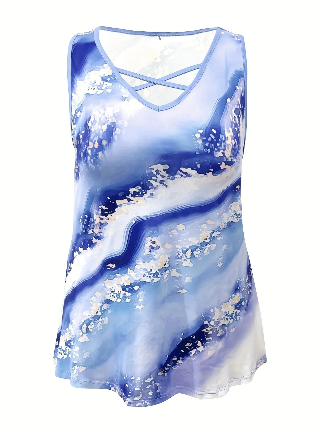 Plus Size Marble Print Tank Top Casual Criss Cross Sleeveless V Neck Top For Summer & Spring Women's Plus Size Clothing — image 6