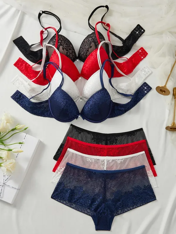 4 conjunto feminino floral renda lingerie conjunto underwire push up sutiã respirável pura oco calcinha senhoras conjunto de roupa interior