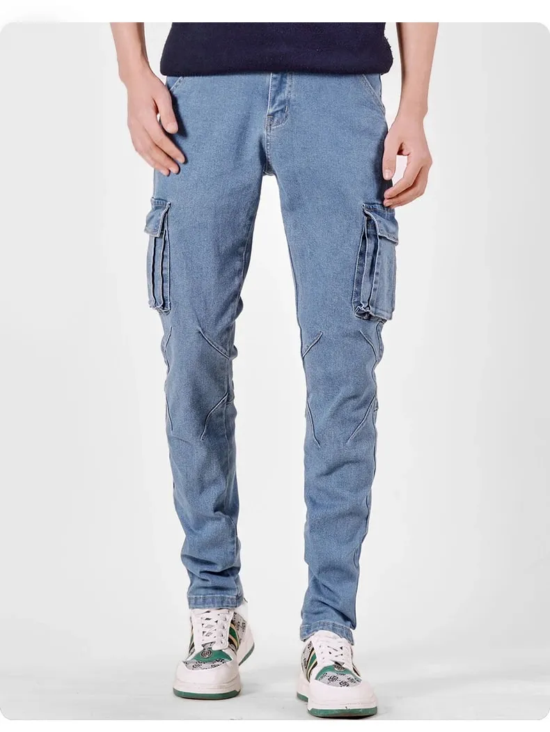 Men's Street Style Elastic Waist Denim Cargo Pants Solid Color Washed Slim Fit Casual Jeans with Multiple Pockets for Daily Wear — image 9