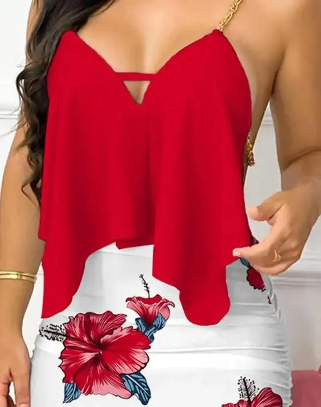 Vestidos femininos 2024 verão moda floral impressão assimétrica corrente cinta sexy sem costas com decote em v sem mangas bodycon mini vestido conjuntos
