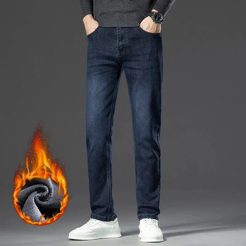 Winter Fleece Warm Men's Jeans Straight Stretch Classic Business Casual Thicken Denim Trousers Washed Fashion Velvet Male Pants