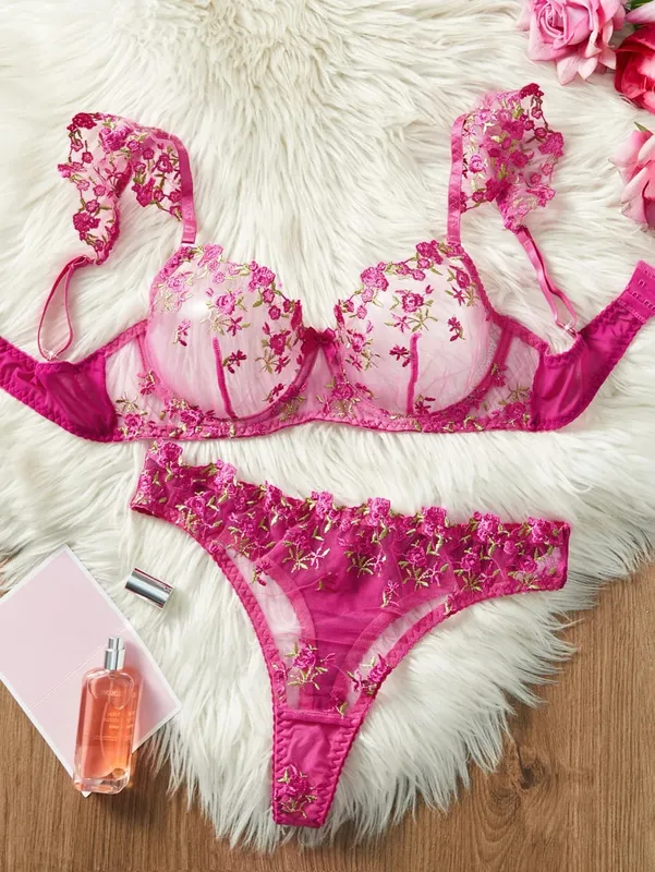 1 Set Romantic Rose Flower Embroidery Lingerie Set Ruffle Strap Sheer Mesh Bra Thong Set