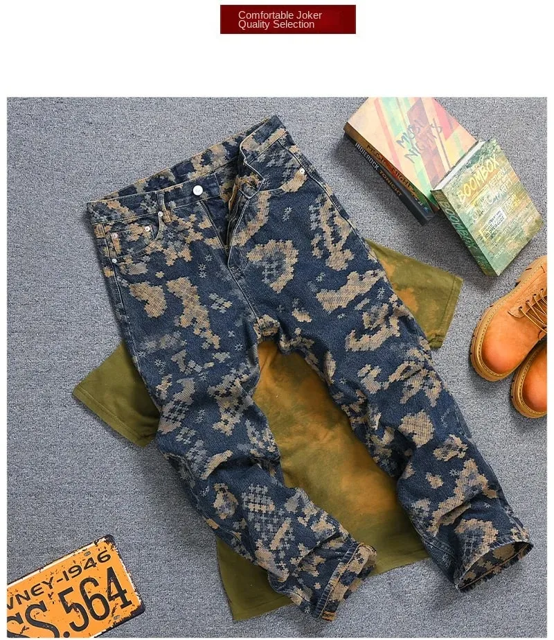 Mosaic Jacquard Embroidery Retro Jeans Men's Fashion High end Loose Straight Tube Trendy Printed Wide Leg Long Pants