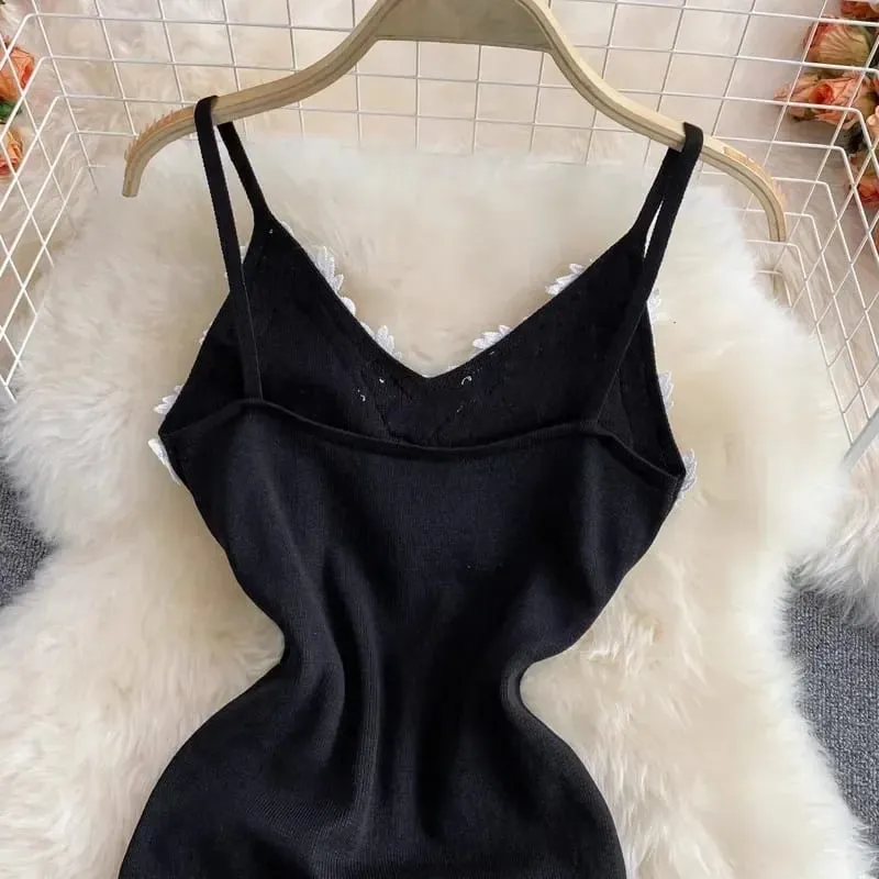 2024 Sexy Backless Lace Patchwork Knitted Split Summer Dress Women Black Mini Party Dress Bodycon Sheath night Club Outfits — image 5
