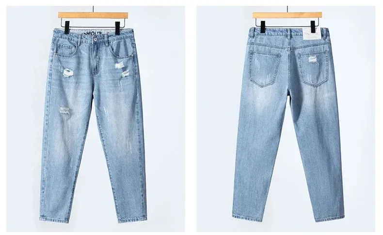 Summer Thin Ripped Jeans Mens Straight Breathable Washed Denim Trousers Casual Streetwear Harlen Ankle Length Pants Light Blue — image 10