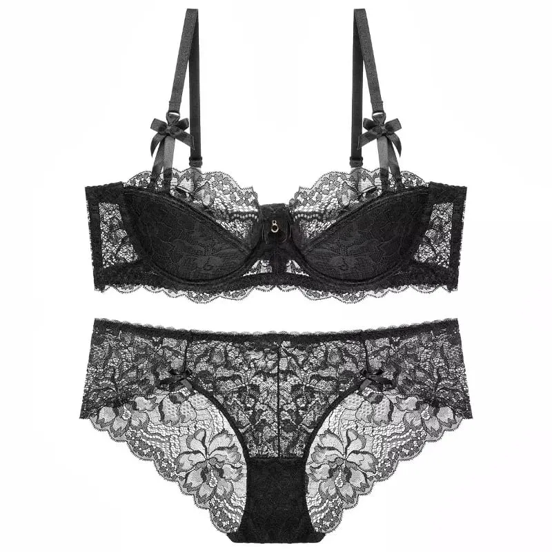 Los más vendidos Conjunto de sujetador de media copa de encaje Sexy para mujer, conjunto de lencería cómoda con aros suaves, Push Up fino elegante, encaje excelente — image 4