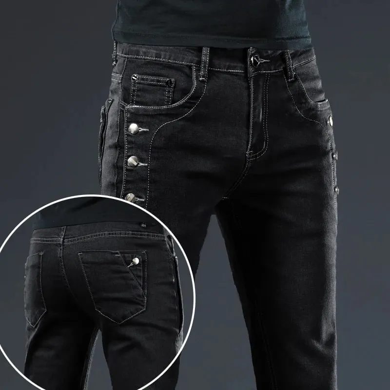 New Men Slim Button Black Skinny Jeans Solid Color Stretch Skateboard Multi-button Youth Male Denim Pants — image 1
