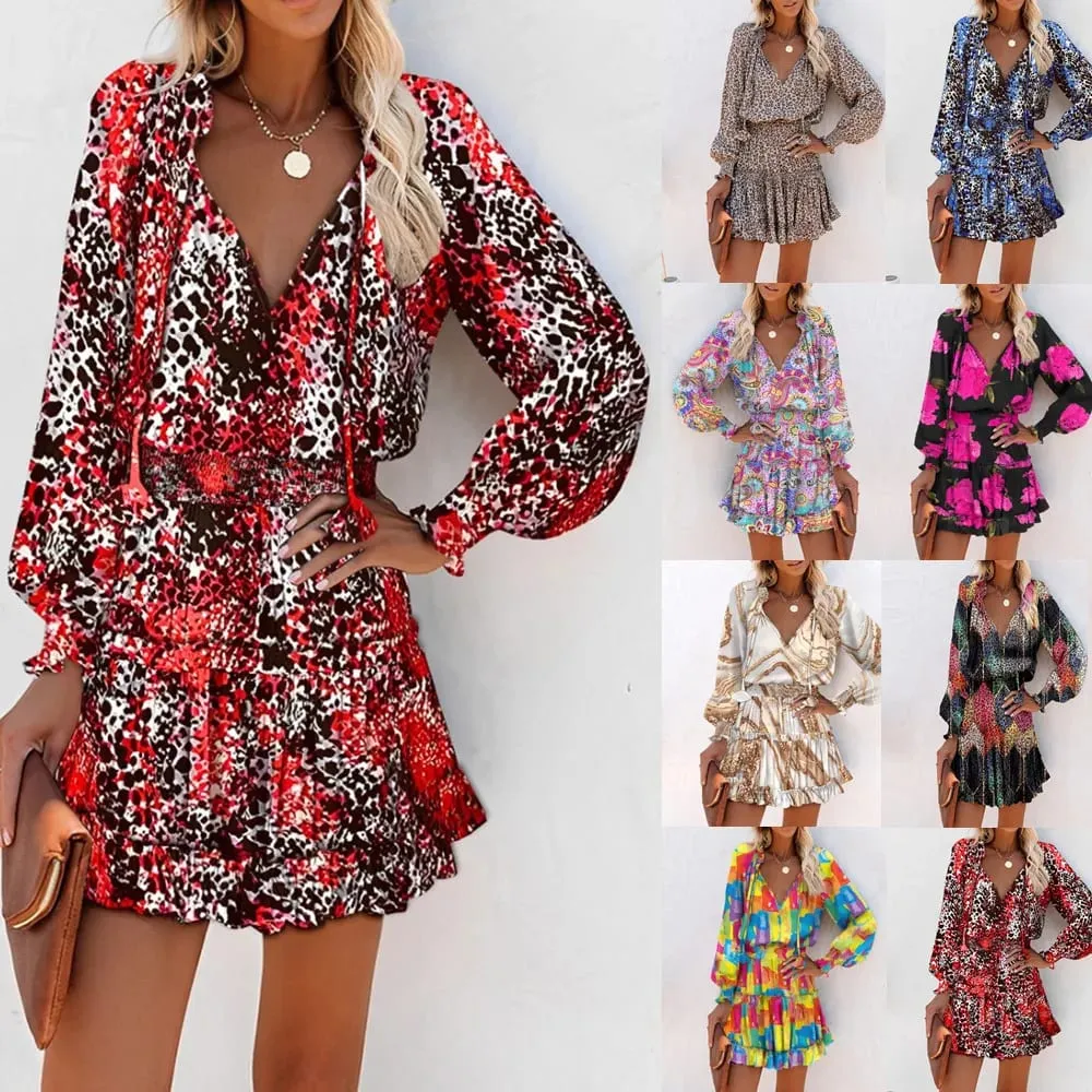 Color Printed Mini Dresses Women Spring Summer Long Sleeve V-neck Elastic Waist Ruffles Dress Fashion Trendy Ladies Vestidos — image 6