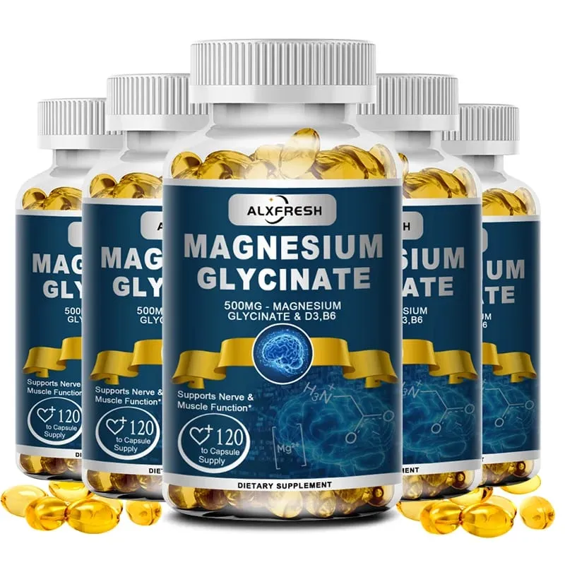 Alxfresh Magnesium Glycinate 500mg Capsule Zinc Vitamin D3 B6 for Muscle Joint Nerve Sleep Quality Anxiety Stress Mood Health
