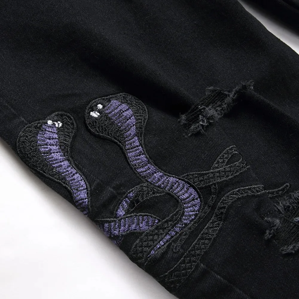 Men Snake Embroidery Jeans Streetwear Black Stretch Denim Pants Holes Ripped Distressed Slim Straight Trousers — image 4