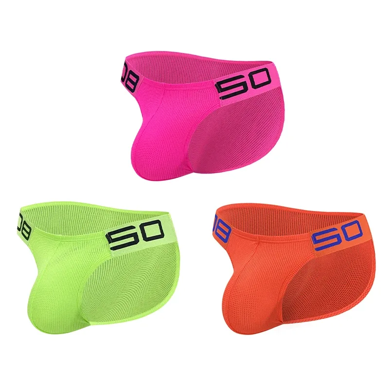 Calzoncillos transpirables de malla de mezcla de nailon para hombre, ropa interior Sexy de Color fluorescente con letras de empalme de cuerno en relieve, cinturilla elástica ancha — image 36
