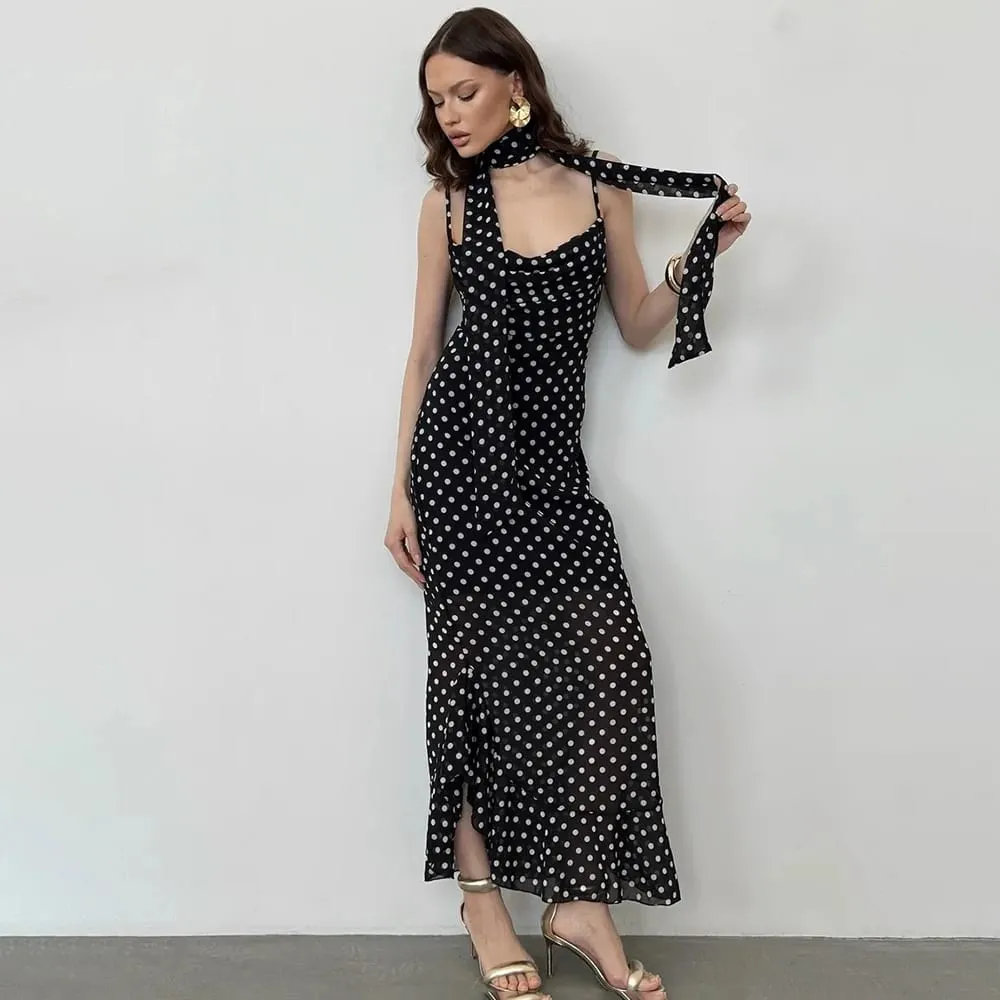 Tuularose Elegant Polka Dot Long Dress Summer Scarf Ribbon Ruffle Halter Pleated Dress Luxury Sleeveless Women's Evening Dresses — image 3