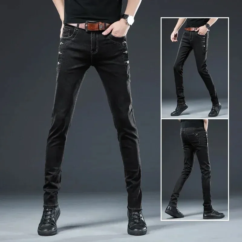 Autumn Men's New Button Skinny Jeans Black Gray Multi-button Youth Skateboard Stretch Denim Trousers Slim Straight Male Pants — image 2