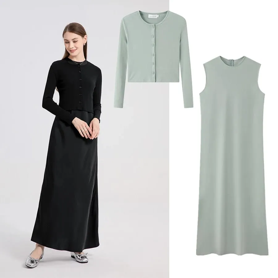 Pakaian wanita AS 2024 high Stretch ribbing tertutup muat bahagian atas + Set padanan gaun Satin Matte Maxi (penghantaran dalam masa 1 hari)