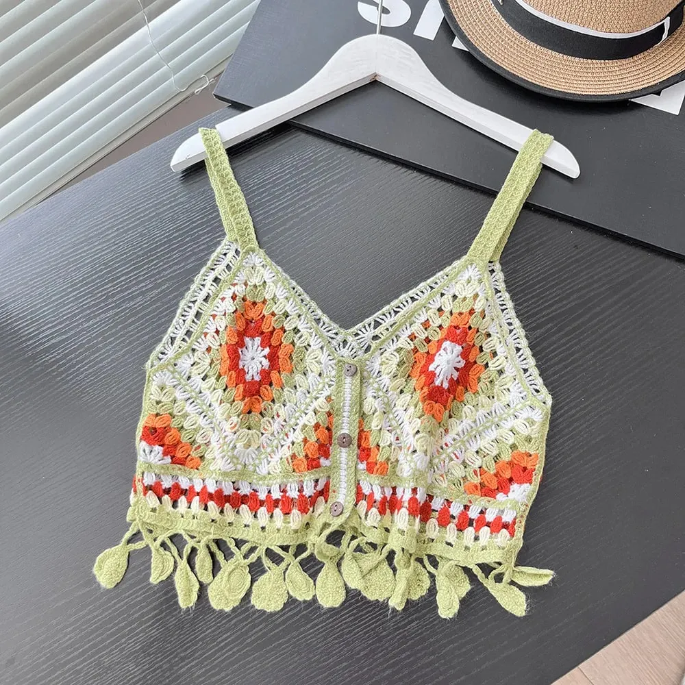 Colorful Patched Crochet Knit Cami Top Fringed Strap Crop Tank Top for Women Teengirl Summer Boho Vacation Beach Wear