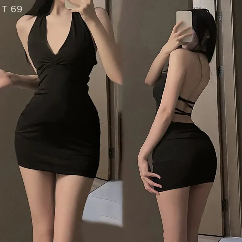 Sexy Women Halter Backless Slim V-neck Wrap Black Party Night Mini Dress Nightclub Outfit Secretary Outfit OL Outfit Dress — image 1