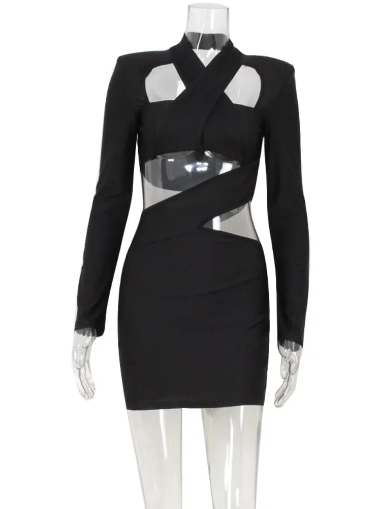 Ahagaga Sexy Club Women's Mini Dresses Solid Hollow Out V-Neck Regular Long Sleeves Sheath Bodycon Slim Fit Streetwear Vestidos — image 6