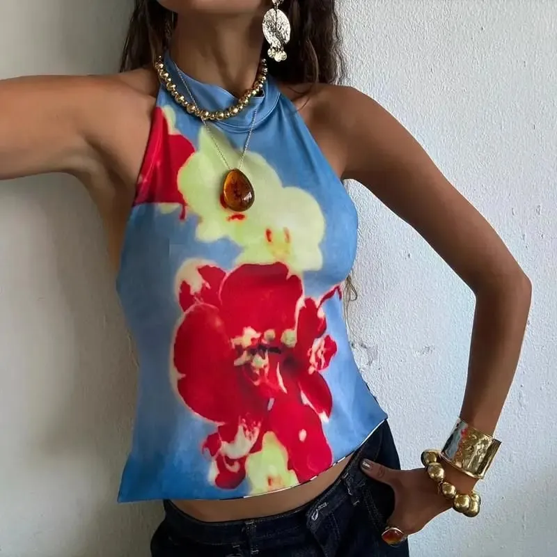 Combhasaki Women's Y2K Button Closure Halter Neck Crop Tops Sleeveless Backless Aesthetic Dots/Tie-dye Flower Print Summer Vests — image 18