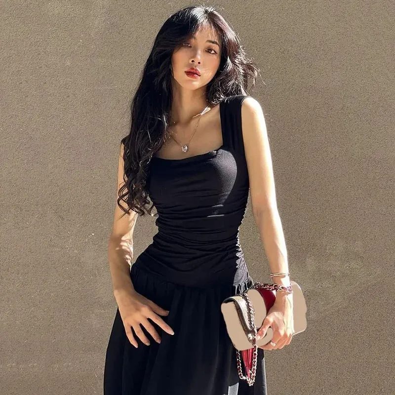 Black Wide Strap Maxi Dress for Women Summer Elegant Temperament High-Waist Party Long Dresses Sexy Ruched Bodycon Midi Dress — image 6