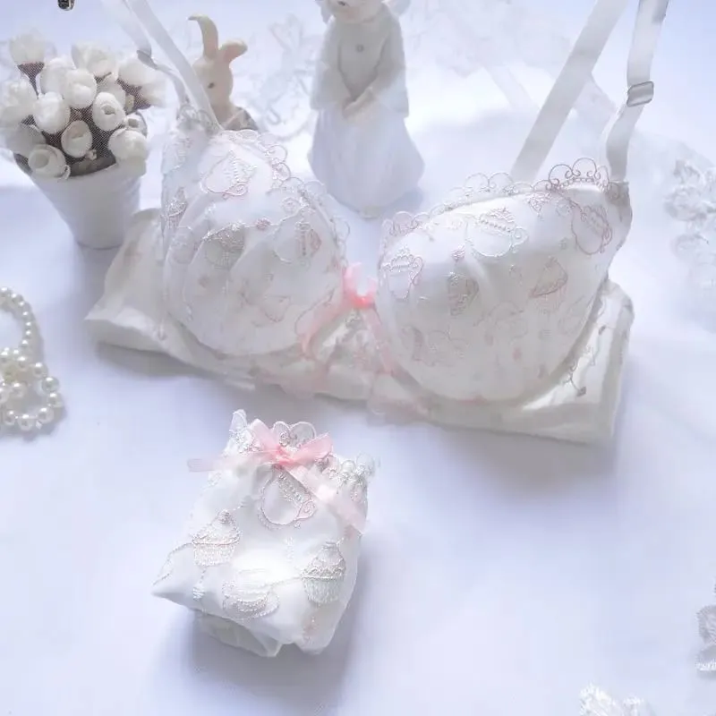 Japanese White Blue Underwire Lolita Embroidered Thin Cup Girl Cute Push Up Sexy Lingerie Bra Set D E — image 4