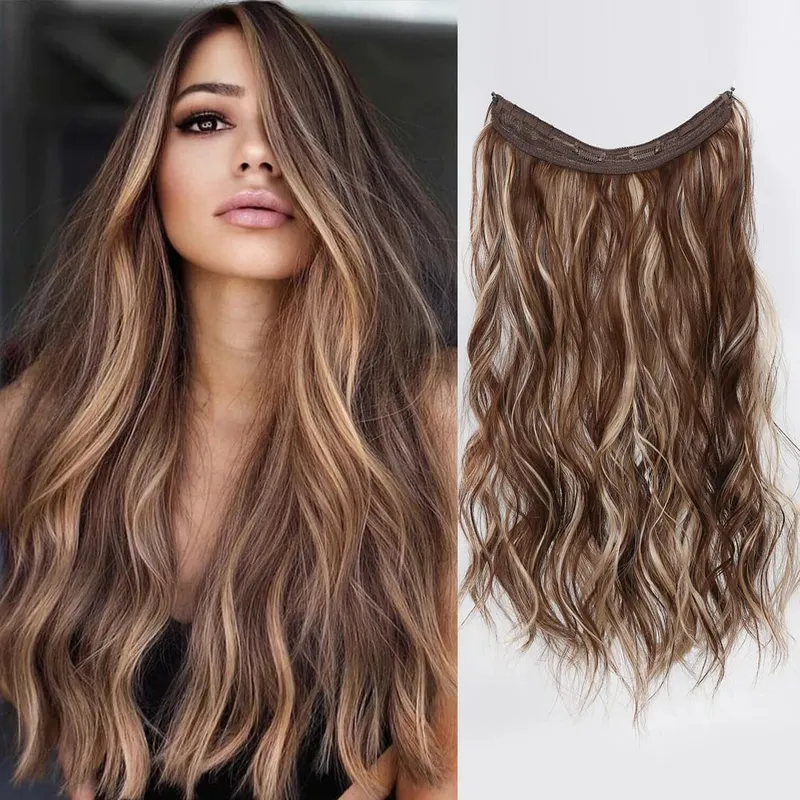 Invisible Wire Hair Extensions with Transparent Adjustable Size 2 Clips Long Wavy One Piece Hairpiece Golden Brown for Women
