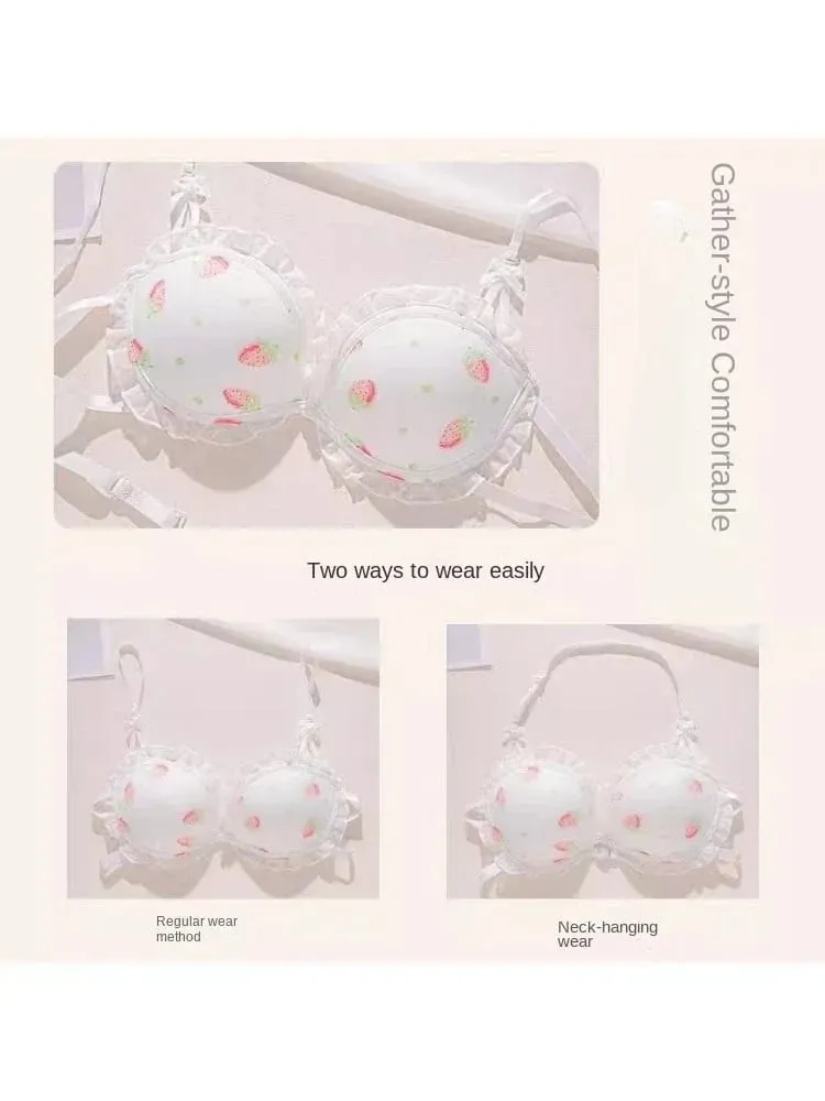 Strawberry 100% Lolita Collection Small Breasts Thin Cartoon Print Underwear Without Wire Back Pure Desire Bra Cover — image 4