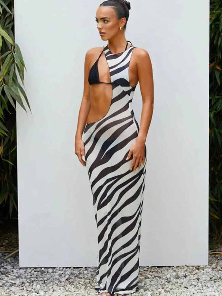 Zebra Print Long Beach Dress Cover-Ups Sexy Transparent Mesh Maxi Dress Striped Cut Out Bodycon Vacation Summer Dress Women 2023 — image 4