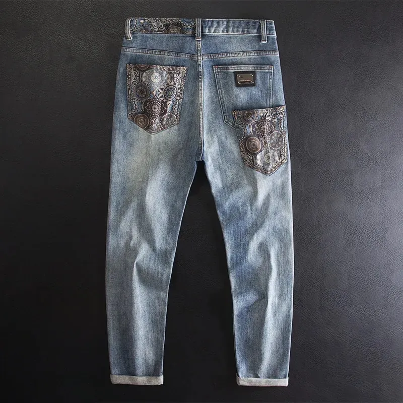 Vintage Patchwork Men's Jeans with Rips Fashionable Print Unique Trendy High-end Slim Fit Skinny Pants — image 2