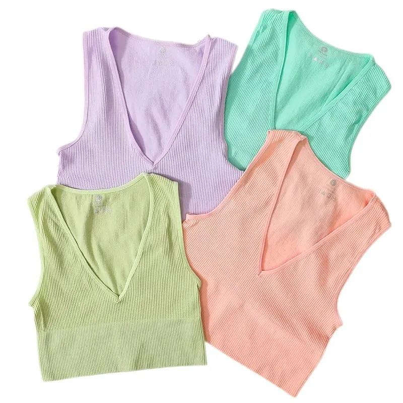 Deep V-Neck Wome Crop Top Solid Color Slim Fit Tank Stretchy Sleeveless Vest Casual Ribbed Knit Bra Top Low Cut Camisole M-XL — image 7
