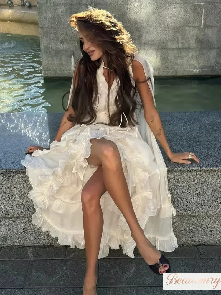 Solides mehrschichtiges Maxikleid mit Rüschen für Damen, elegant, ärmellos, schulterfrei, hohe Taille, Kleider 2026, Urlaub, weibliche Kleidung — image 3
