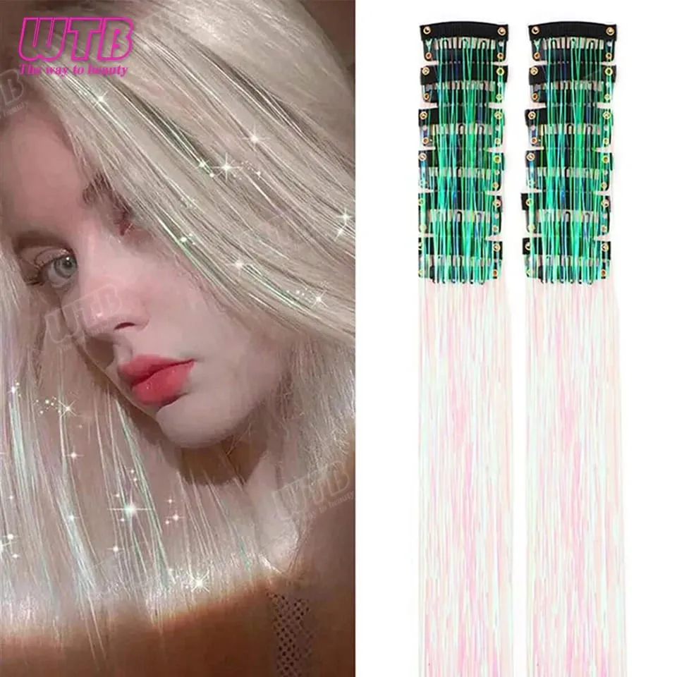 12Pcs Synthetic Hair Tinsel Clip In Glitter Tinsel Hair Extensions Clip In Hair Shiny Sparkle Fairy Hair Accessories For Women