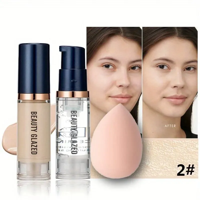 3Pcs Face Makeup Set Matte Long Lasting Waterproof Liquid Foundation+Primer+Puff