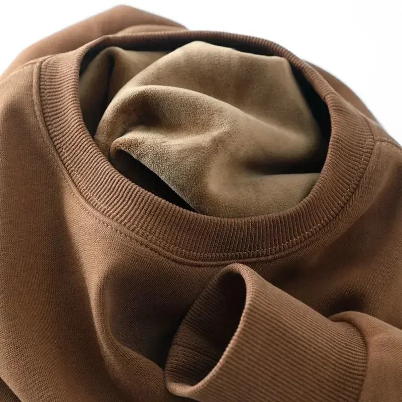 600G Cotton Plush Thickened Sweatshirt Thin Plush Heavyweight Solid Round Neck Sweater Autumn Winter Warm Sweater — image 6